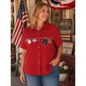 Embroidered Red Americana Cottagecore Clothesline Plus Shirt Patriotic 14W 16W